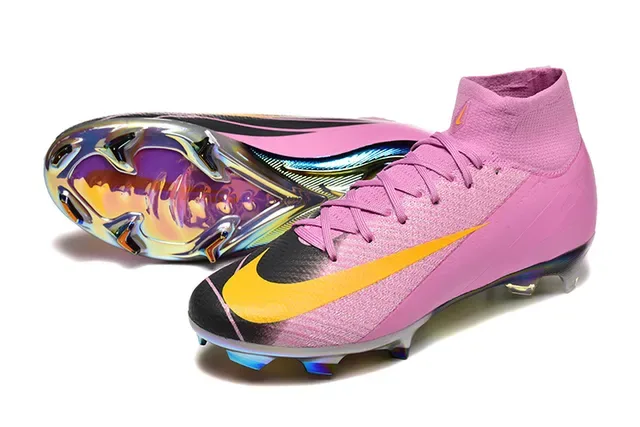 Nike Pink Yellow Zapatillas de Fútbol Alto Ajuste Calcetín Parte Superior Placa Suela Cromada Iridiscente Terreno Firme 6