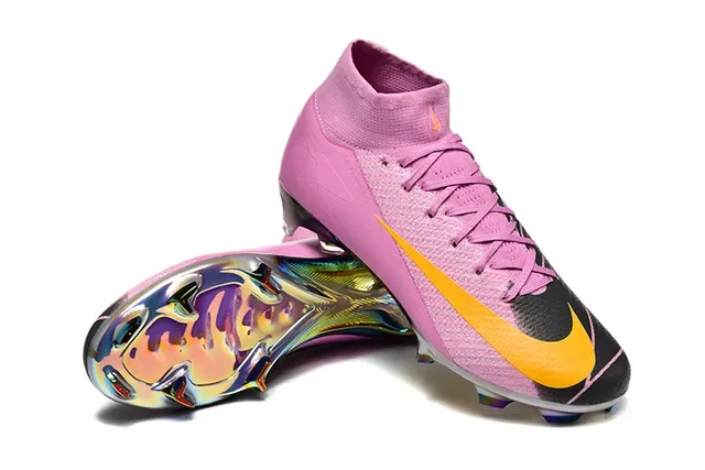 Nike Pink Yellow Zapatillas de Fútbol Alto Ajuste Calcetín Parte Superior Placa Suela Cromada Iridiscente Terreno Firme 7