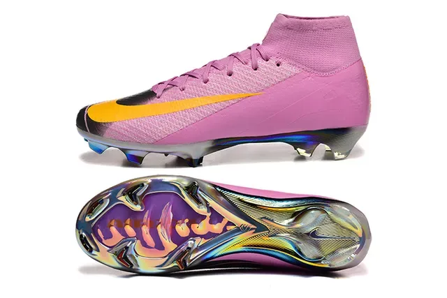 Nike Pink Yellow Zapatillas de Fútbol Alto Ajuste Calcetín Parte Superior Placa Suela Cromada Iridiscente Terreno Firme 9