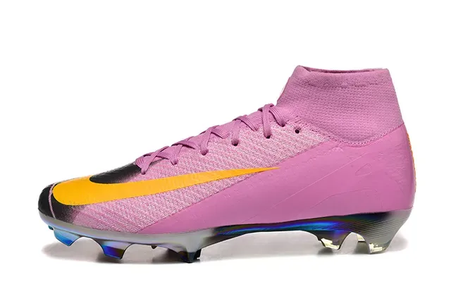 Nike Pink Yellow Zapatillas de Fútbol Alto Ajuste Calcetín Parte Superior Placa Suela Cromada Iridiscente Terreno Firme 10