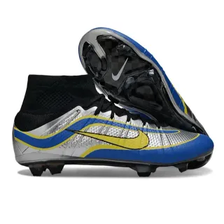 Nike सिल्वर ब्लू हाई-कट सॉक-फिट कॉलर मेटालिक टेक्स्चर्ड अपर फर्म-ग्राउंड फुटबॉल जूते