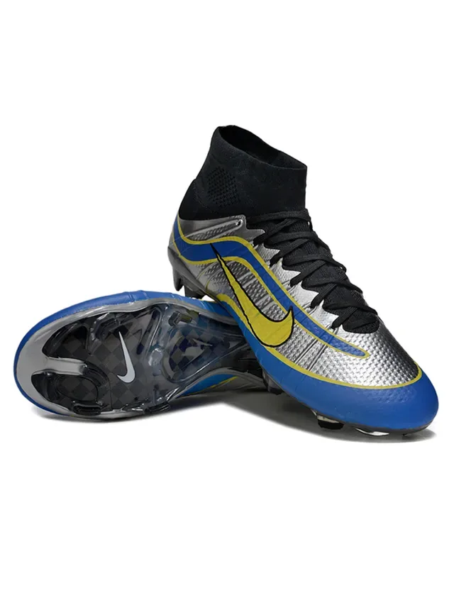 Nike 银蓝 高切 袜套领 金属纹理鞋面 钉地足球鞋 4