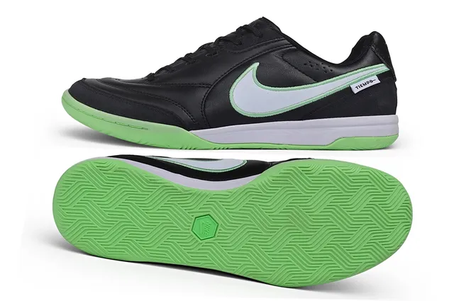 Nike Tiempo Negro Verde Cuero Superior Silueta Baja Zapatos de Fútbol Sala 6