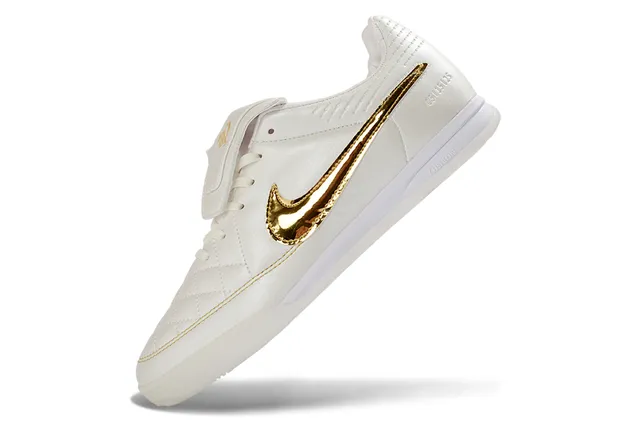 Nike Tiempo Legend White Gold Quilted Leather Upper Metallic Swoosh Indoor Soccer Shoes 3