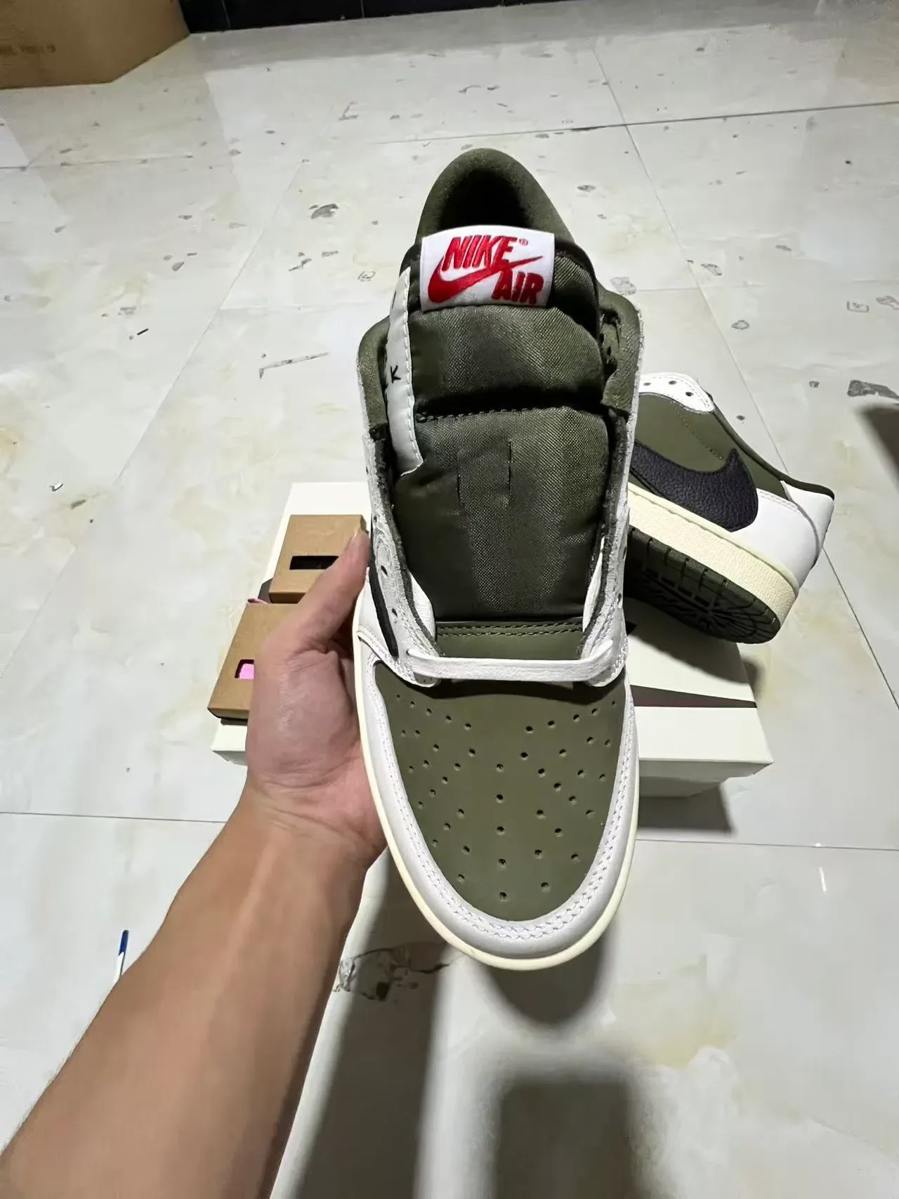 Nike White Army Green Low-Top Layered Leather Lifestyle Sneakers 3
