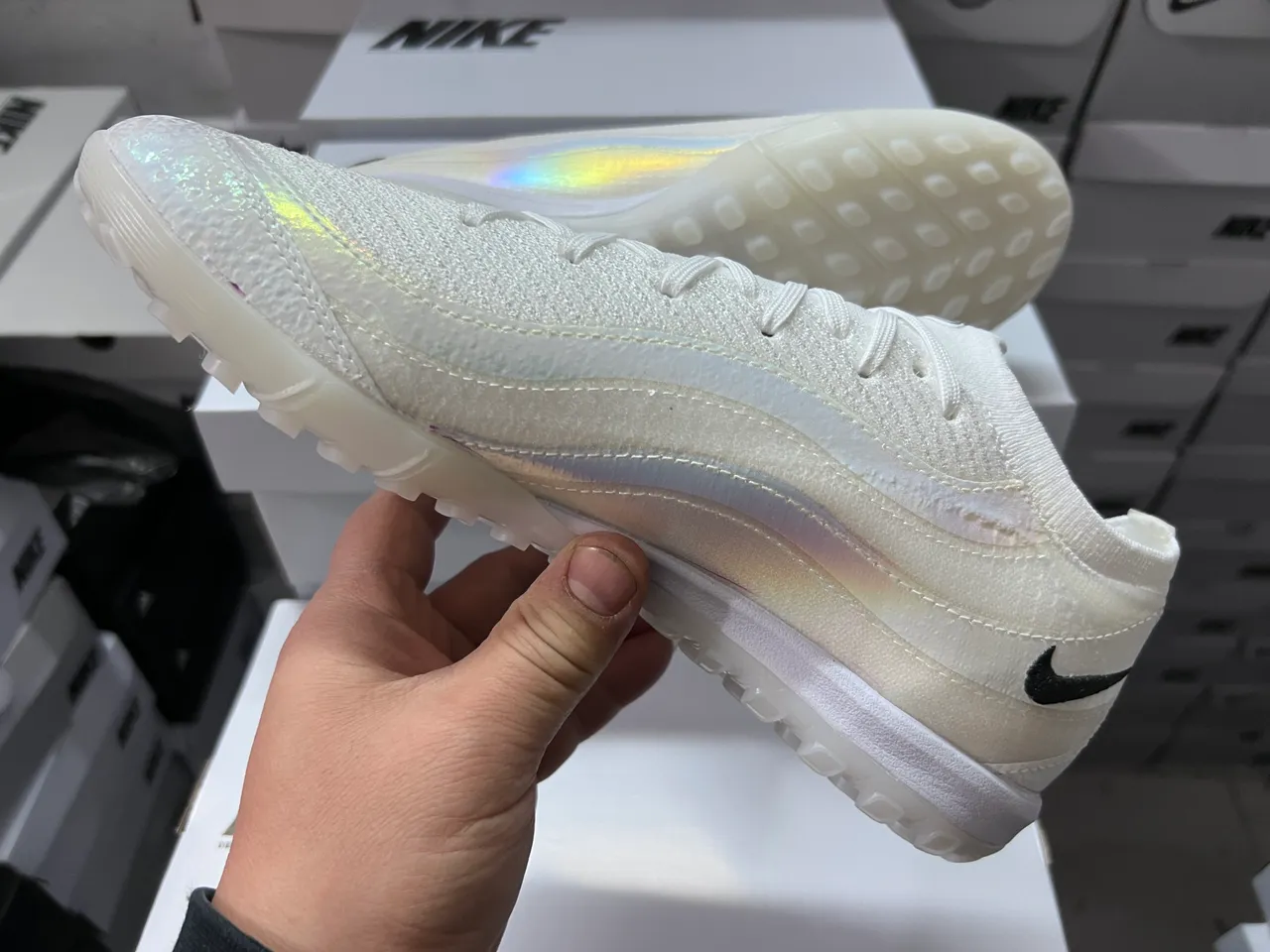 Nike White Black Knit Upper Iridescent Overlay Turf Soccer Shoes 4
