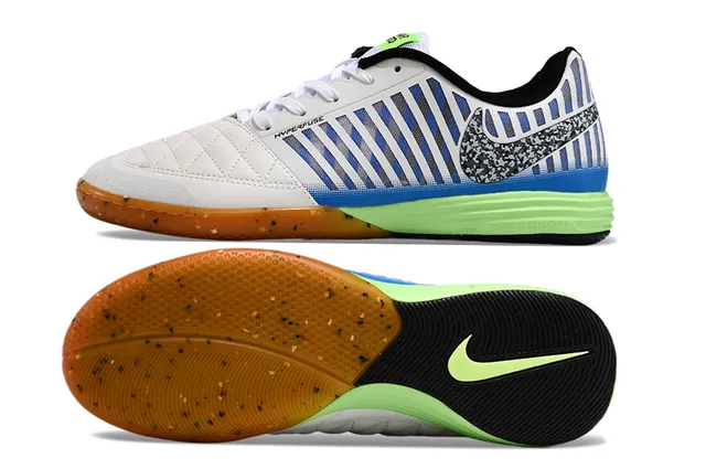 Nike blanco azul caja acolchada rayada vertical sintética jaula zapatos de fútbol indoor 5