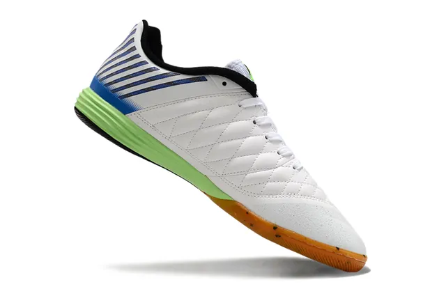 Nike blanco azul caja acolchada rayada vertical sintética jaula zapatos de fútbol indoor 7