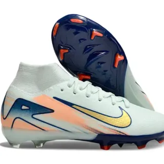 Nike Blanc Marine Haut-Coupé Col de Chaussette Clous Moldés Terrain Firme Chaussures de Football