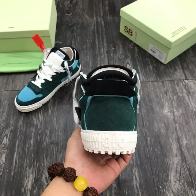 Off-White Green Blue Deconstructed Suede-and-Panel Lifestyle Sneakers 3