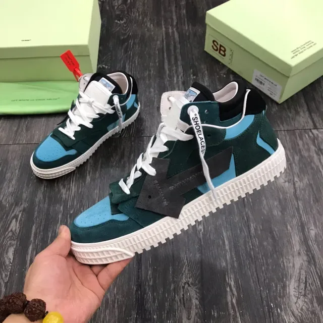 Off-White Green Blue Deconstructed Suede-and-Panel Lifestyle Sneakers 4