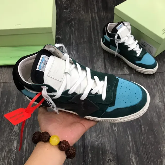 Off-White Green Blue Deconstructed Suede-and-Panel Lifestyle Sneakers 7