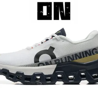 On Cloudmonster White Navy Gold Running Shoes