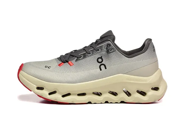 On Gris Beige Malla Engineered Superior Abierta Hexagonal CloudTec Pods Zapatillas de Running 4
