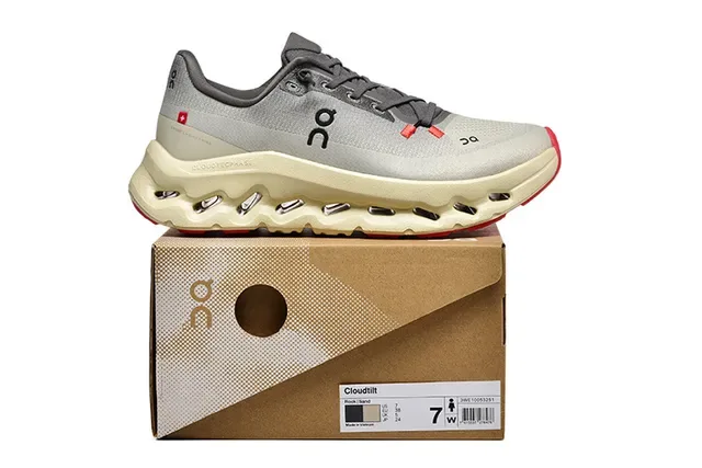 On Gris Beige Malla Engineered Superior Abierta Hexagonal CloudTec Pods Zapatillas de Running 5