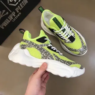 Philipp Plein Active Runner हरी काली नक्काशीदार मिडसोल नीयॉन लाइम मेश चंकी स्नीकर