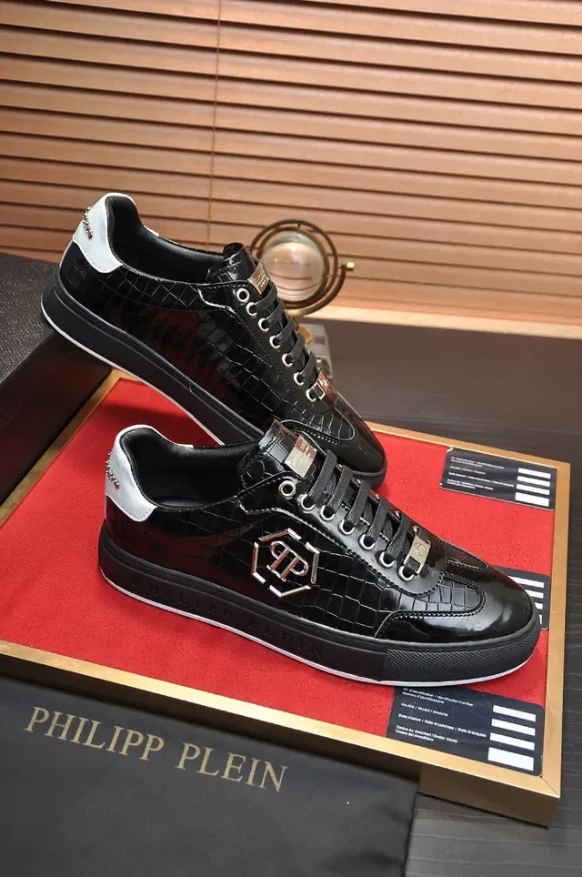 Philipp Plein लाइफस्टाइल स्नीकर काला सिल्वर क्रोकोडाइल एम्बॉस्ड पेटेंट लेदर हैक्सागोनल पीपी लोगो लाइफस्टाइल स्नीकर 5