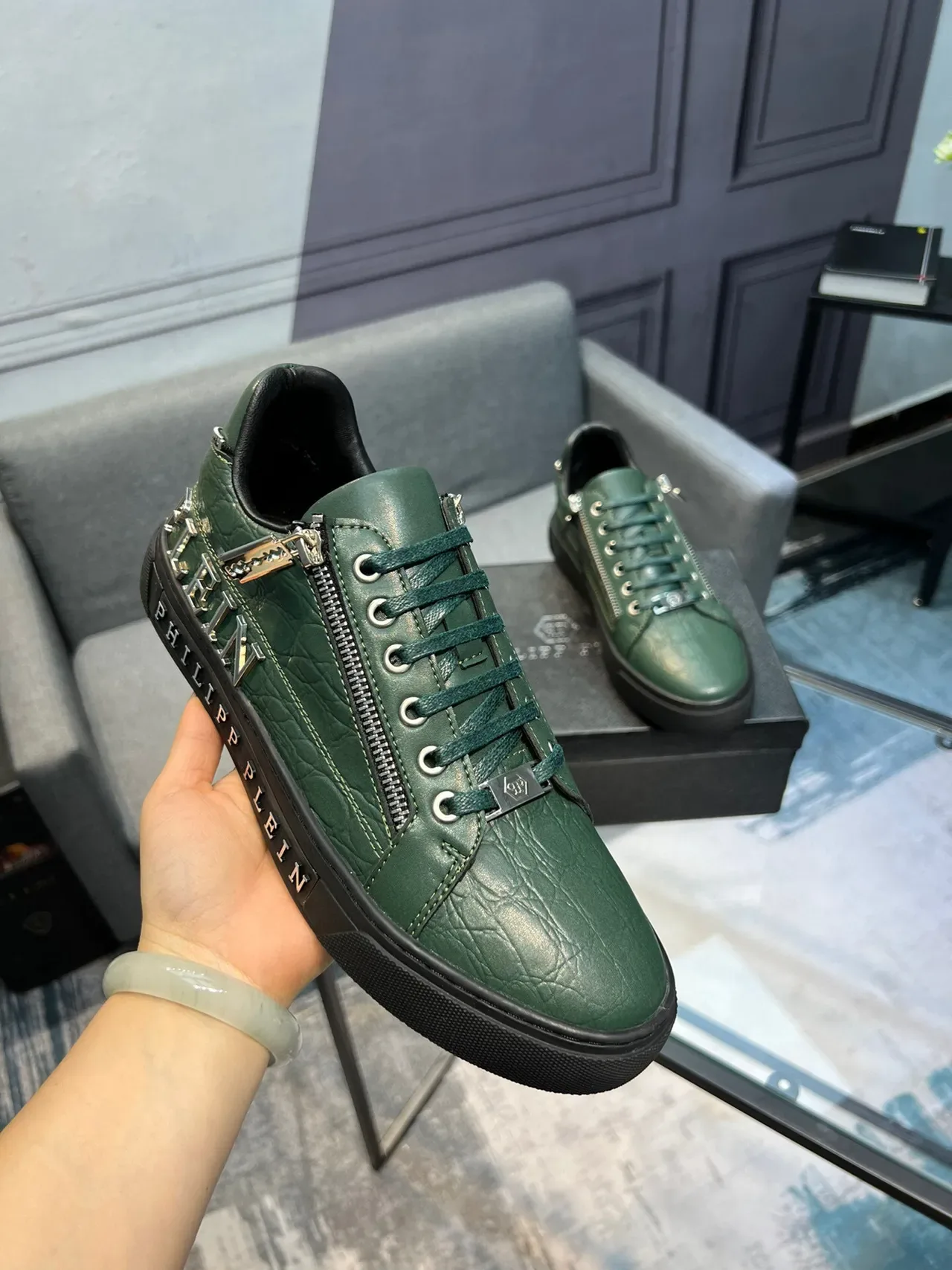 Philipp Plein Sport Vert Noir Cuir Embossé Crocodile Détail Fermeture Éclair Côté Sneakers Lifestyle 5