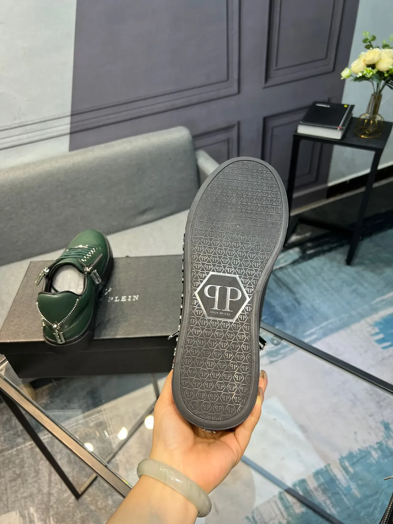 Philipp Plein Sport Vert Noir Cuir Embossé Crocodile Détail Fermeture Éclair Côté Sneakers Lifestyle 6