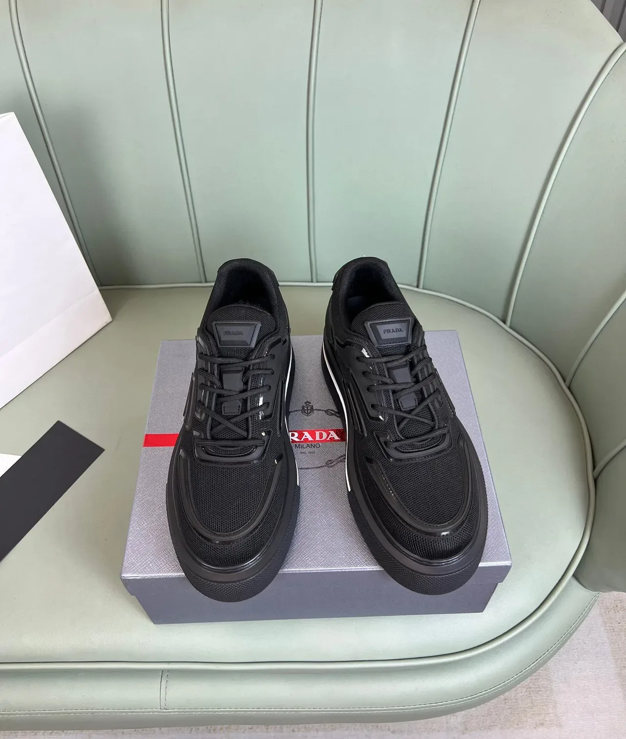 Prada Tênis Lifestyle Todo Preto Malla e Capa Glossy 2