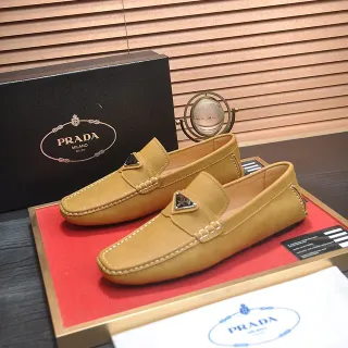 Prada Beige Blanco Mostaza-Amarillo Cuero Costura Contraste Mocasín