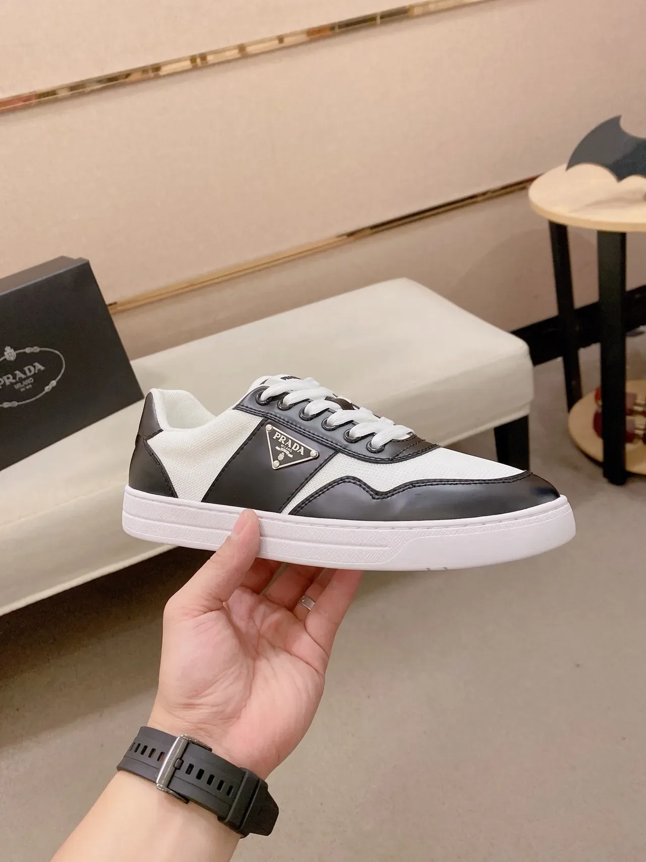 Prada Black and White Leather-Textile Low-Top Lifestyle Sneakers 4