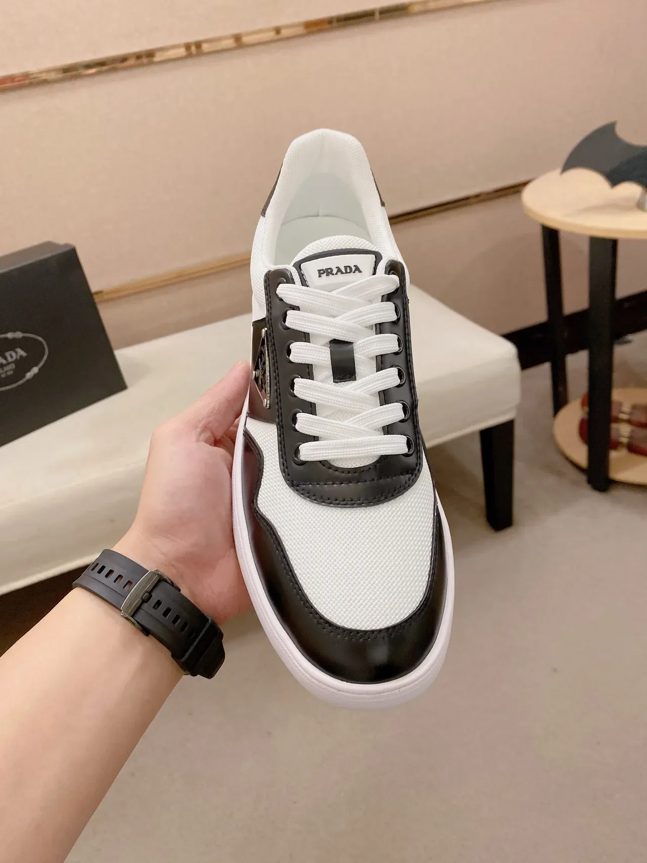 Prada Black and White Leather-Textile Low-Top Lifestyle Sneakers 5