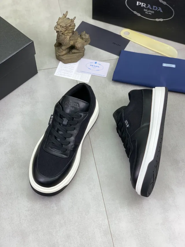Prada Black White Platform Sole Mixed Leather And Textile Upper Lifestyle Sneakers 5