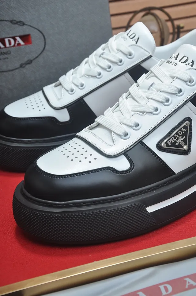 Prada Black White Two-Tone Leather Triangular Logo Plaque Lifestyle Sneakers 3