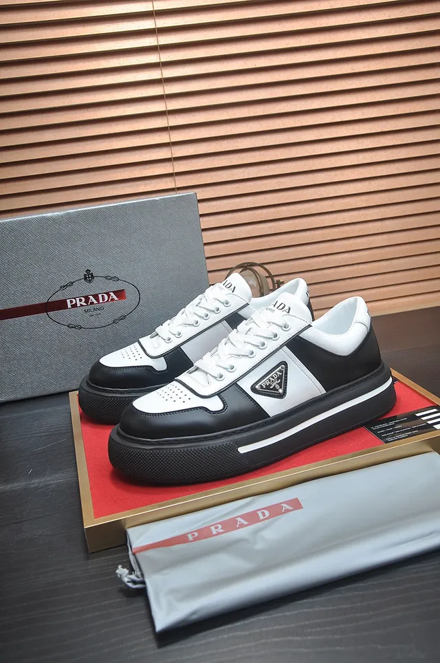 Prada Black White Two-Tone Leather Triangular Logo Plaque Lifestyle Sneakers 7