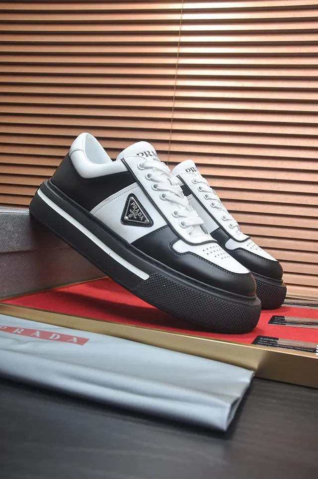Prada Black White Two-Tone Leather Triangular Logo Plaque Lifestyle Sneakers 8
