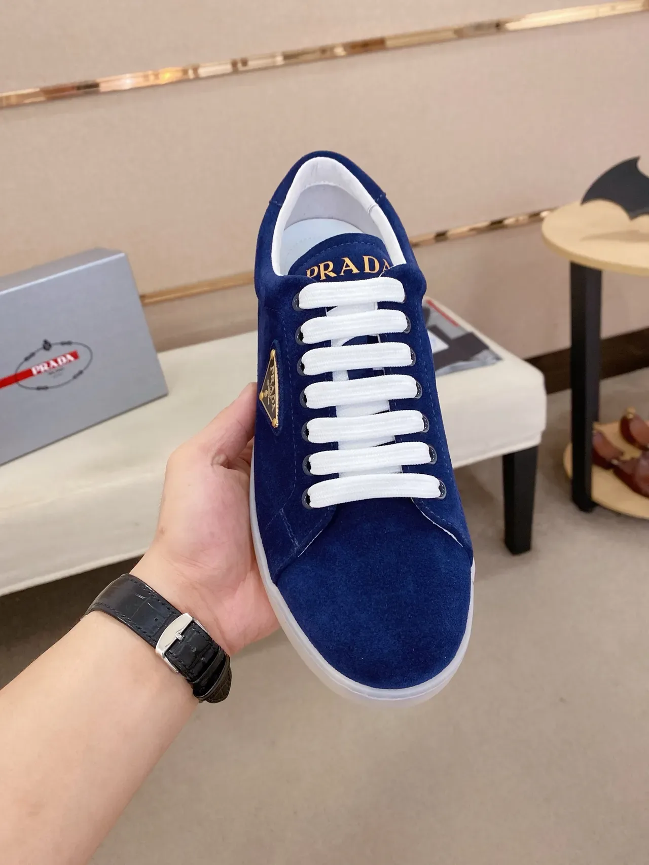 Prada Blue White Suede Upper Laces Lifestyle Sneakers 5