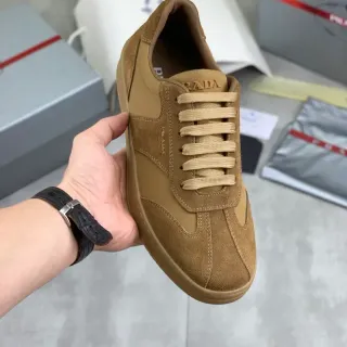 Prada Brown Suede And Textile Panel Construction Minimalist Logo Placement Lifestyle Sneakers