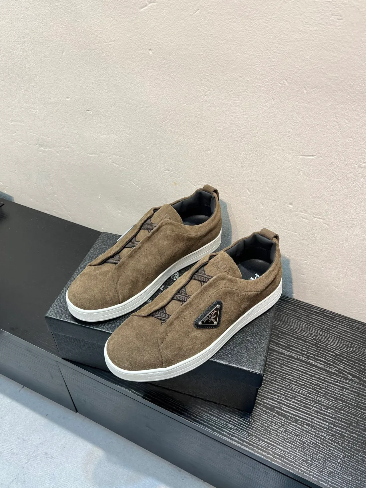 Prada Brown White Suede Upper Laceless Slip-On Lifestyle Sneakers 3