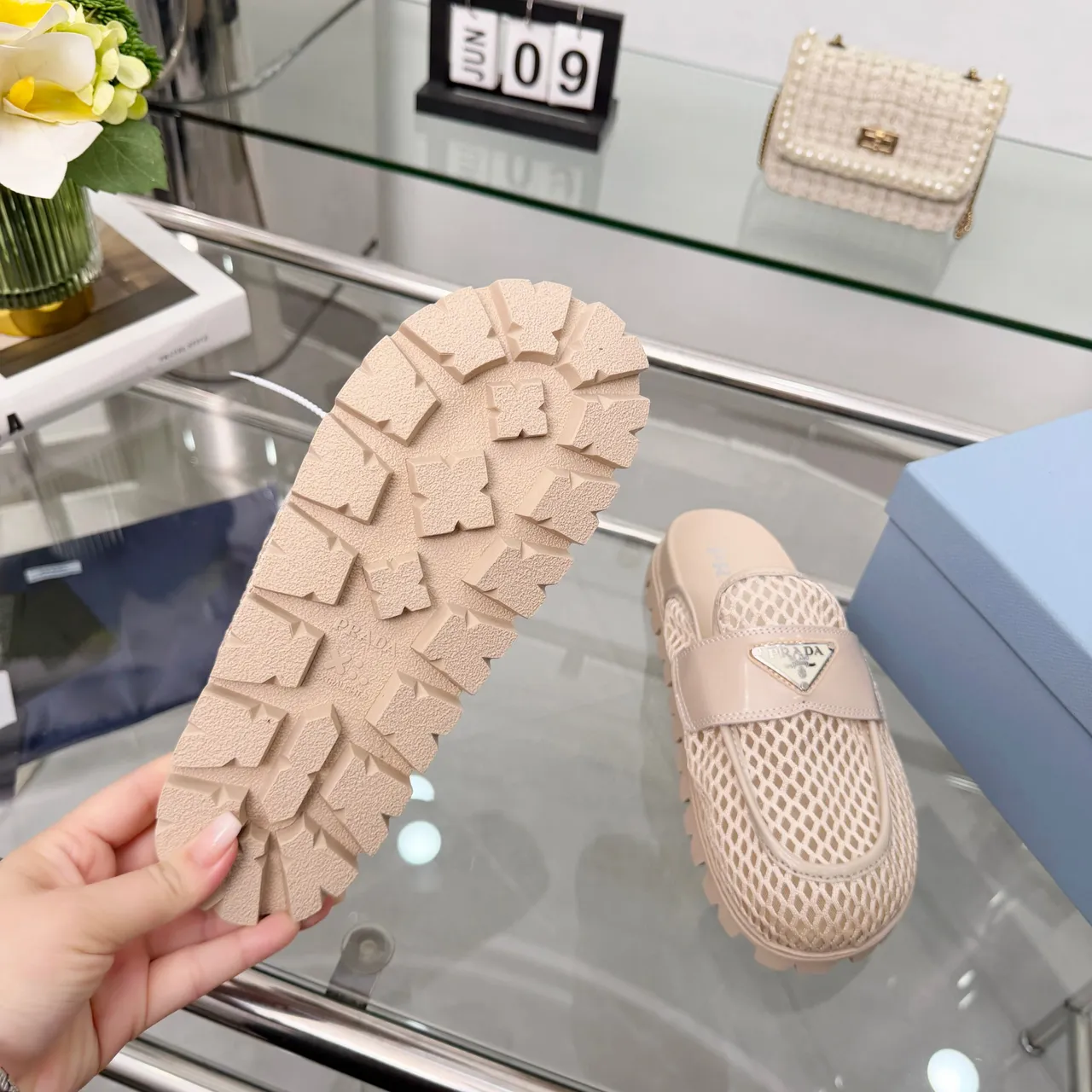 Prada Cloudbust Beige Mesh Upper Smooth Leather Strap Loafer 2