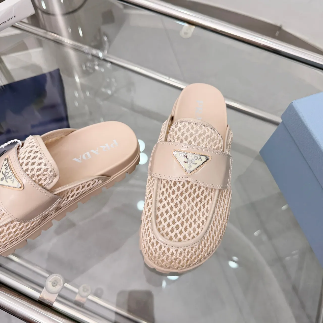 Prada Cloudbust Beige Mesh Upper Smooth Leather Strap Loafer 3