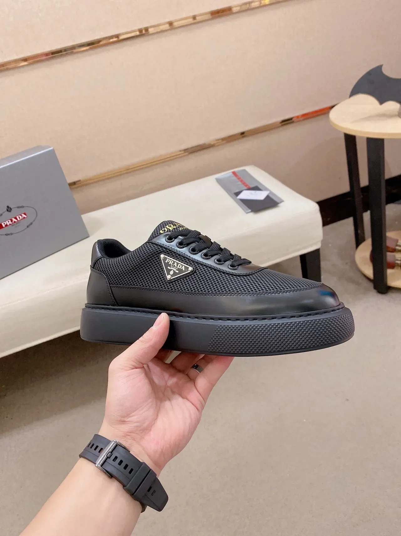 Prada Cloudbust Black Mesh and Leather Platform Lifestyle Sneaker 5