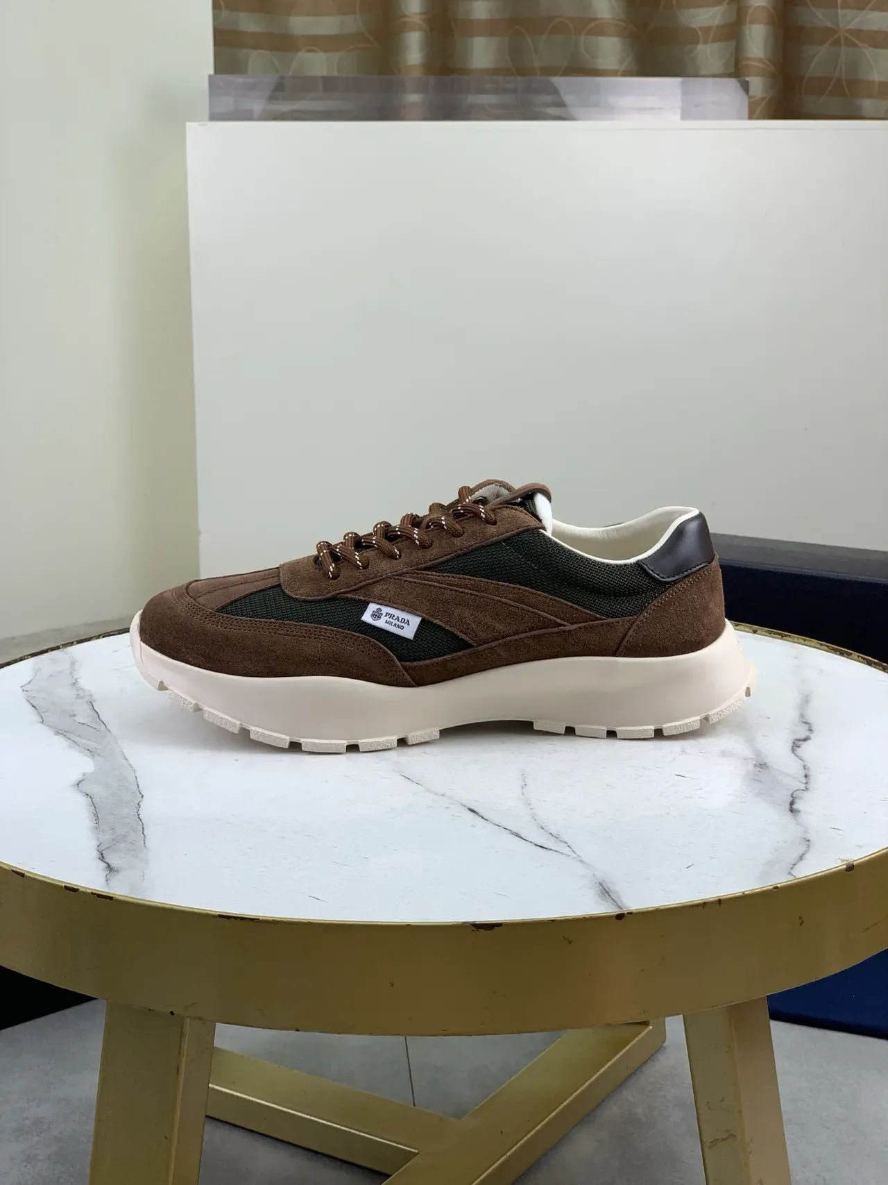 Prada Cloudbust Brown and Olive Green Suede Mesh Lifestyle Sneakers 4