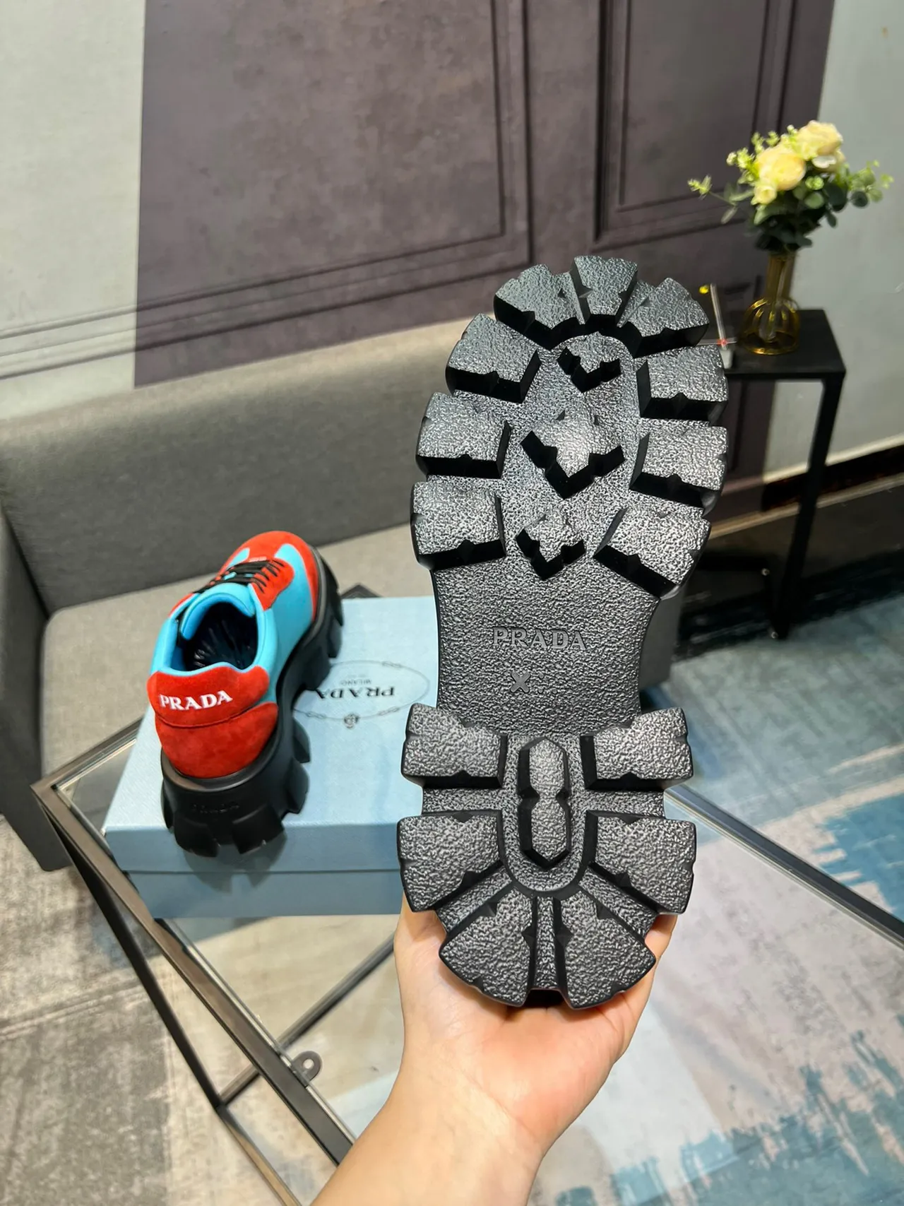 Prada Cloudbust Red and Cyan Chunky Sneakers 3