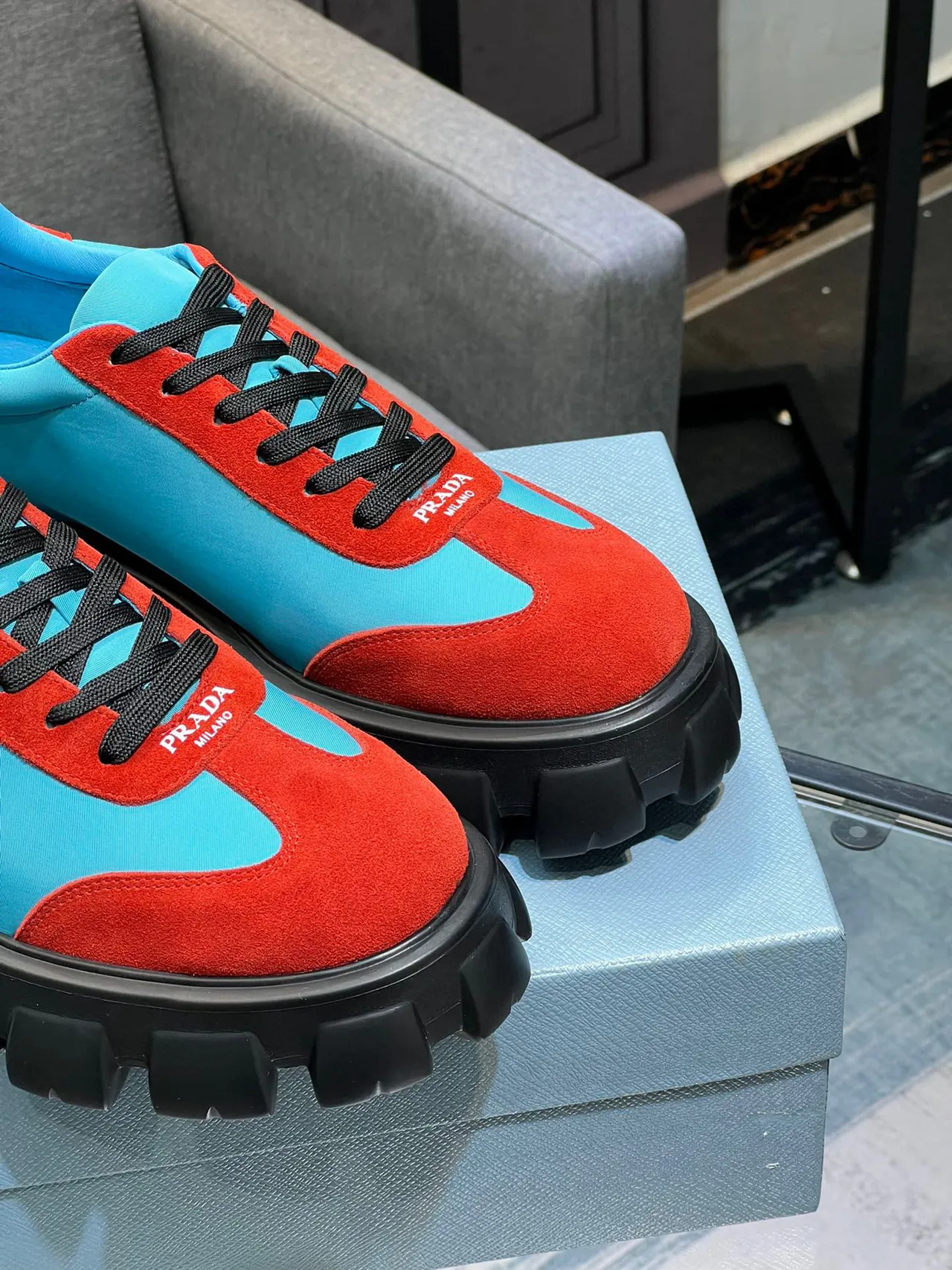 Prada Cloudbust Red and Cyan Chunky Sneakers 5
