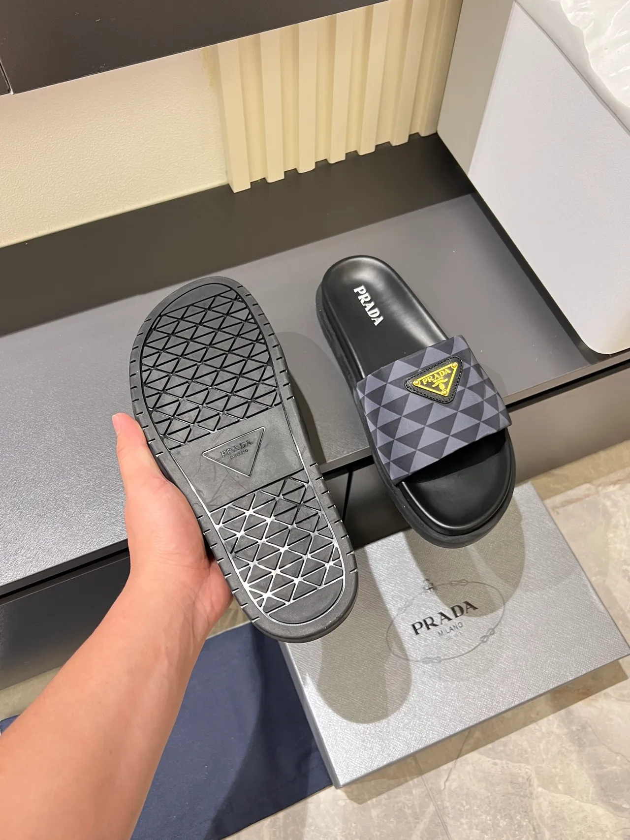 Prada Cloudbust Slides White and Black Geometric Strap Slippers 2