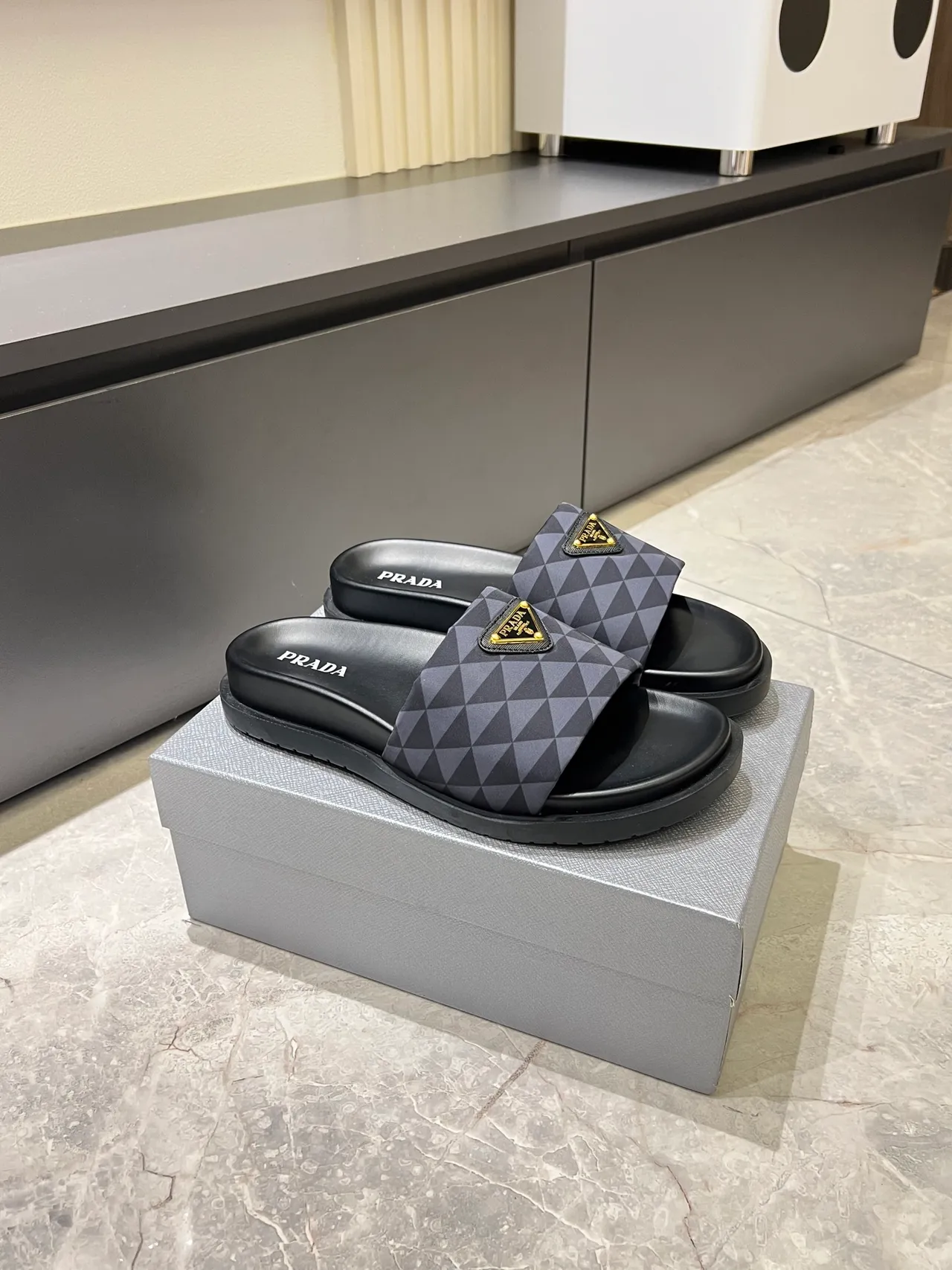 Prada Cloudbust Slides White and Black Geometric Strap Slippers 4