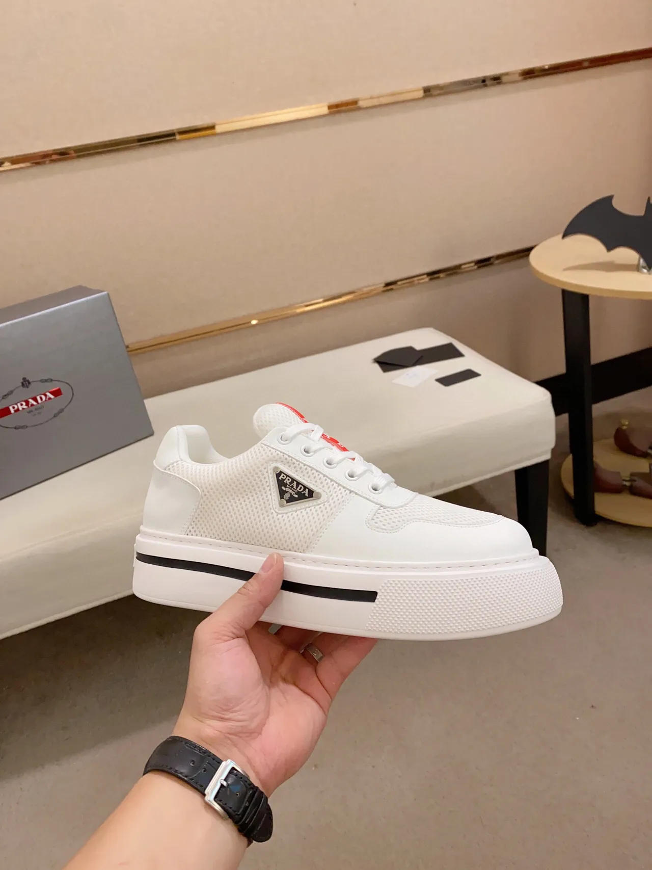 Prada Cloudbust White Mesh and Leather Platform Lifestyle Sneakers 4