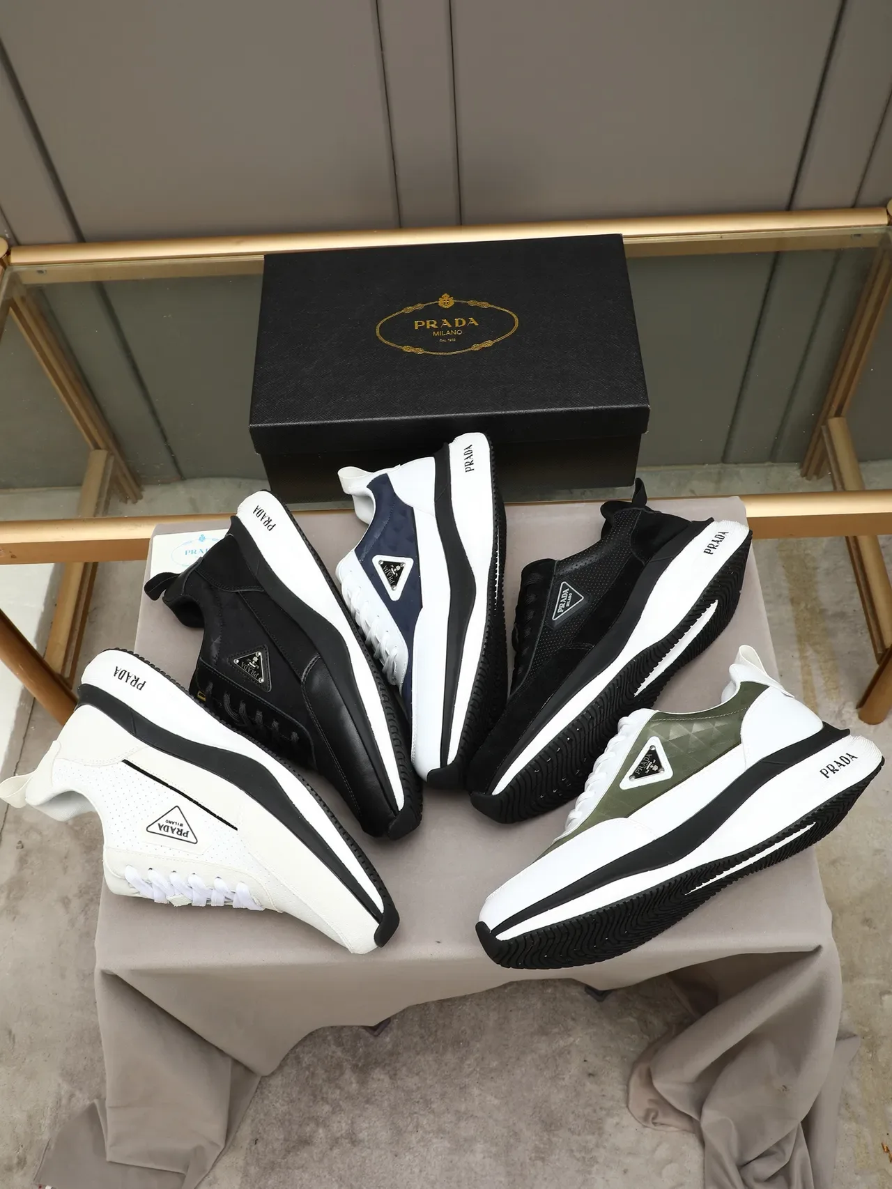 Prada Cloudbust White Navy Geometric Textile Panel Triangular Logo Plaque Lifestyle Sneakers 3