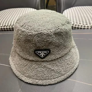 Prada Gray Plush Sherpa-Like Texture Structured Soft Crown Bucket Hat