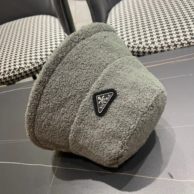Prada Gray Plush Sherpa-Like Texture Structured Soft Crown Bucket Hat 2