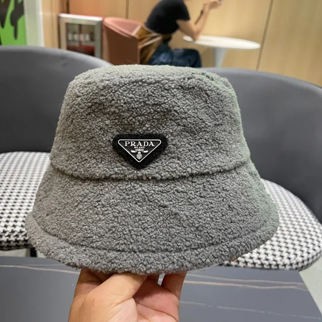 Prada Gray Plush Sherpa-Like Texture Structured Soft Crown Bucket Hat 4