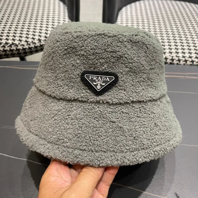 Prada Gray Plush Sherpa-Like Texture Structured Soft Crown Bucket Hat 5