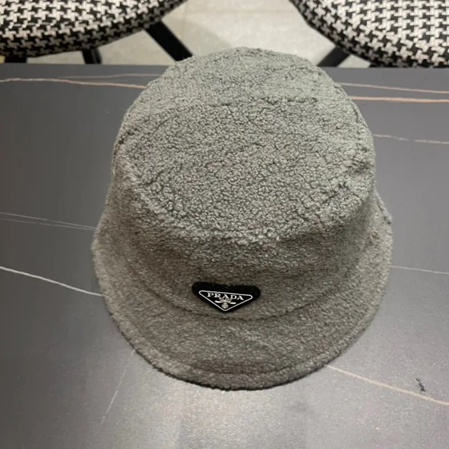 Prada Gray Plush Sherpa-Like Texture Structured Soft Crown Bucket Hat 7