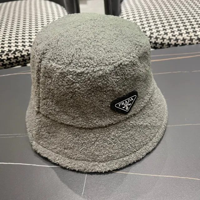 Prada Gray Plush Sherpa-Like Texture Structured Soft Crown Bucket Hat 8